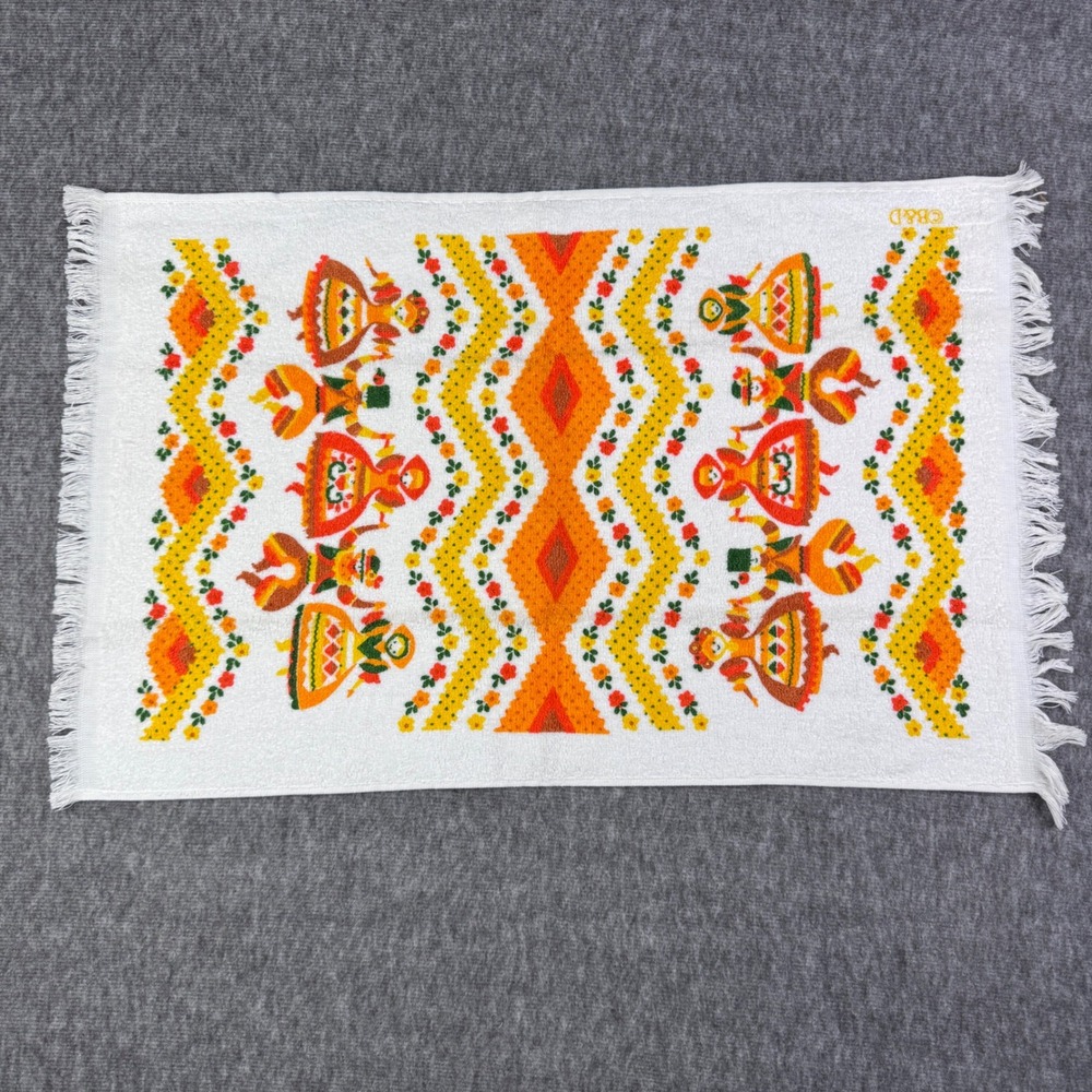 VTG Cannon Folk Art Country Festival Orange Yellow White Fringe Hand Towel 24x16